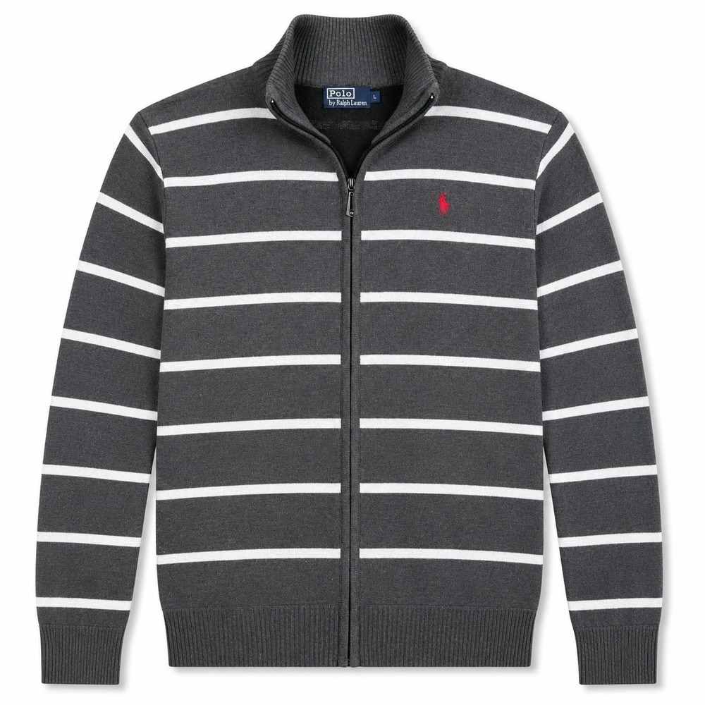 Vintage Polo Ralph Lauren Full Zip Sweater Mens Large Gray White Stripe Red Pony